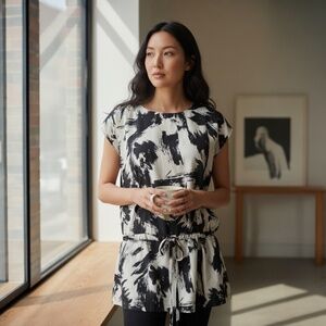 The Limited black cream dress cinch tie waist brush stroke tunic dress XS